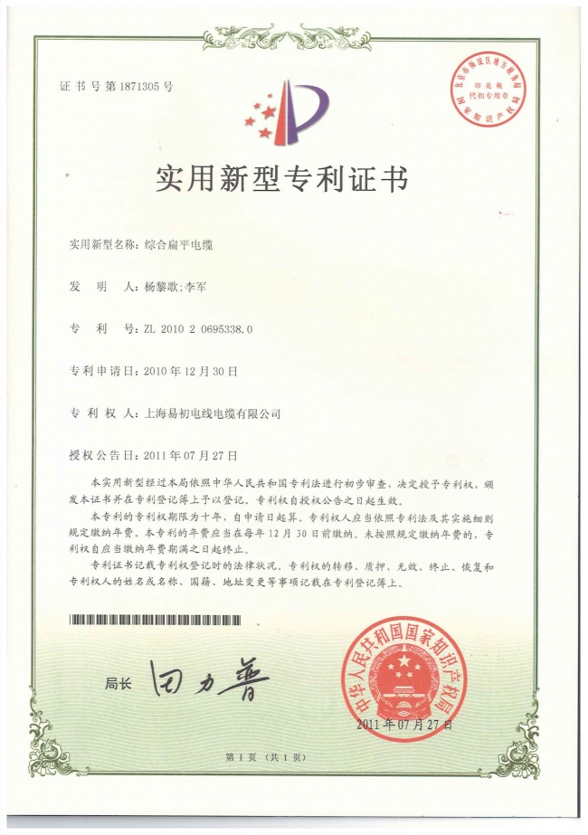 綜合扁平電纜專利證書